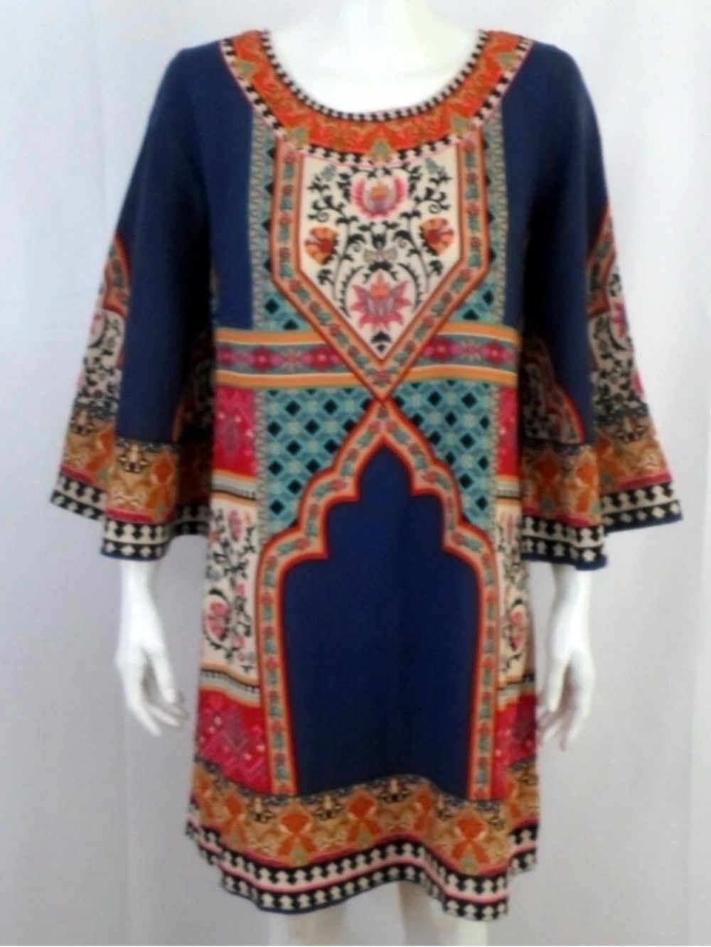 Boho Tribal Artsy Print Flying Tomato Mini Dress Womens M 3/4 Kimono Sleeve